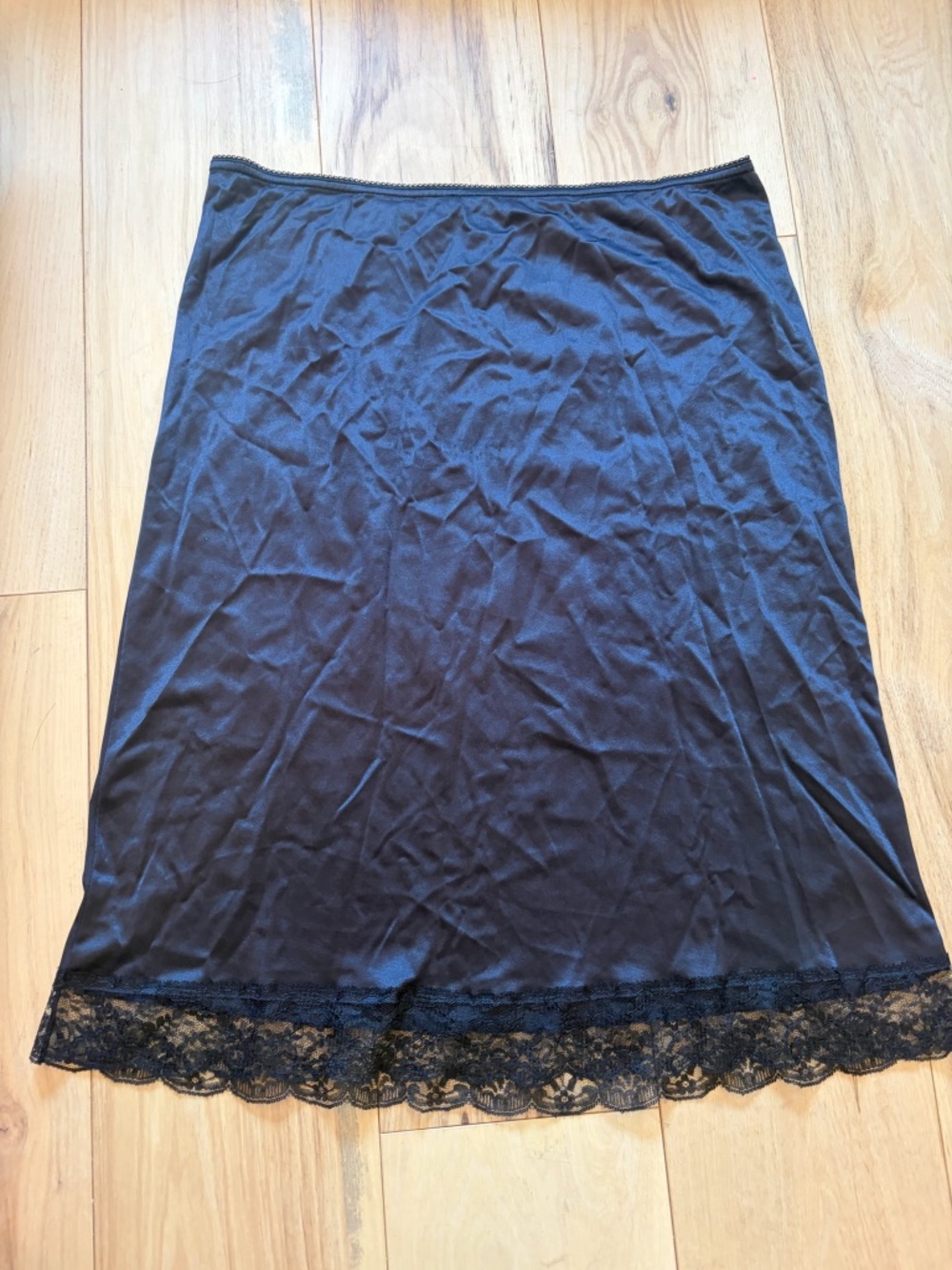 Vintage Black Lace Trim Half Slip Midi Skirt Made in USA L